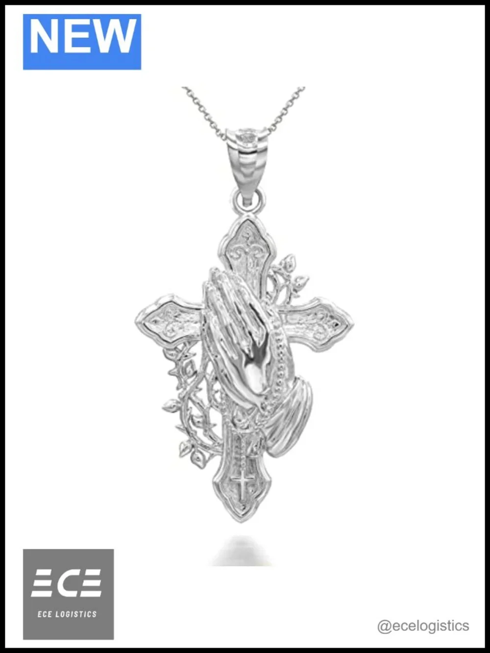 Sterling Silver Cross Praying Hands Rosary Pendant Necklace 20in